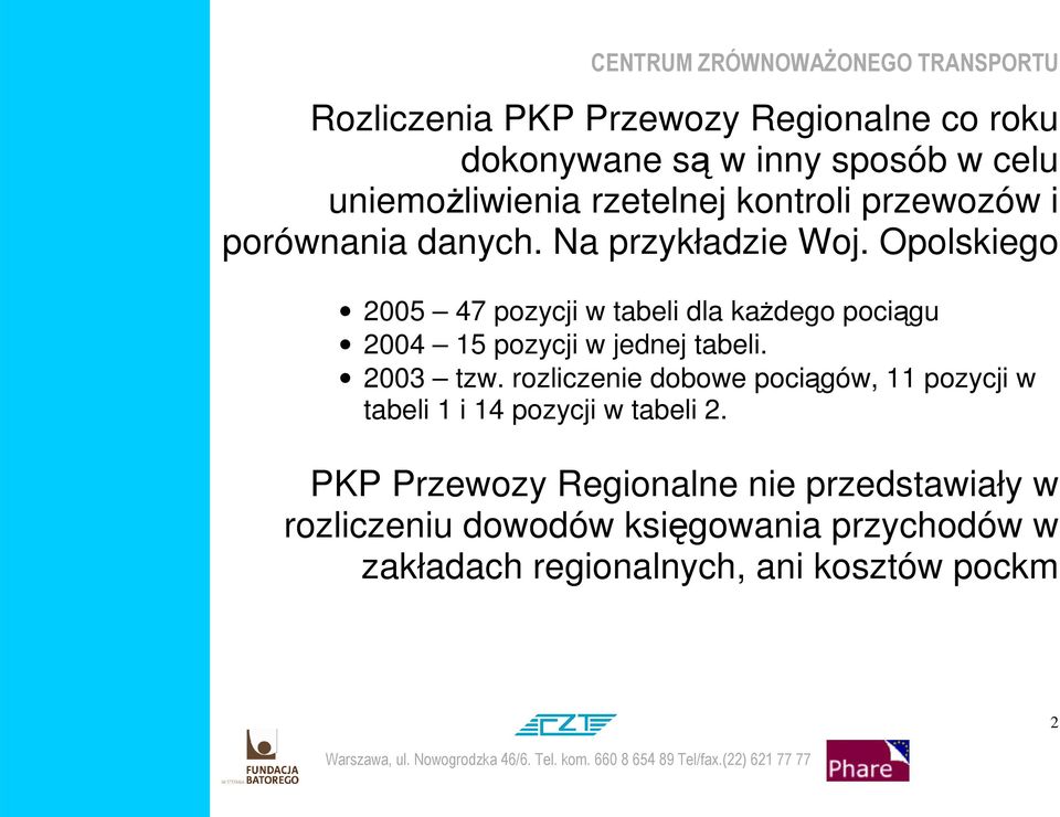 Opolskiego 2005 47 pozycji w tabeli dla kaŝdego pociągu 2004 15 pozycji w jednej tabeli. 2003 tzw.