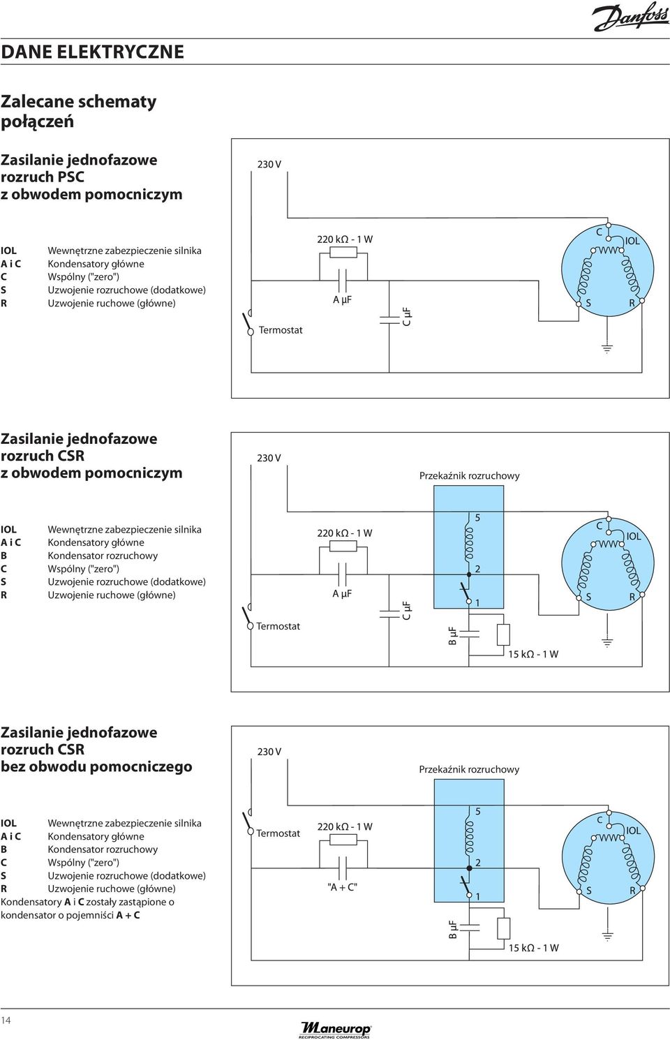 Kondensatory główne Kondensator rozruchowy Wspólny ("zero") Uzwojenie rozruchowe (dodatkowe) Uzwojenie ruchowe (główne) Termostat Zasilanie jednofazowe rozruch CSR bez obwodu pomocniczego Przekaźnik