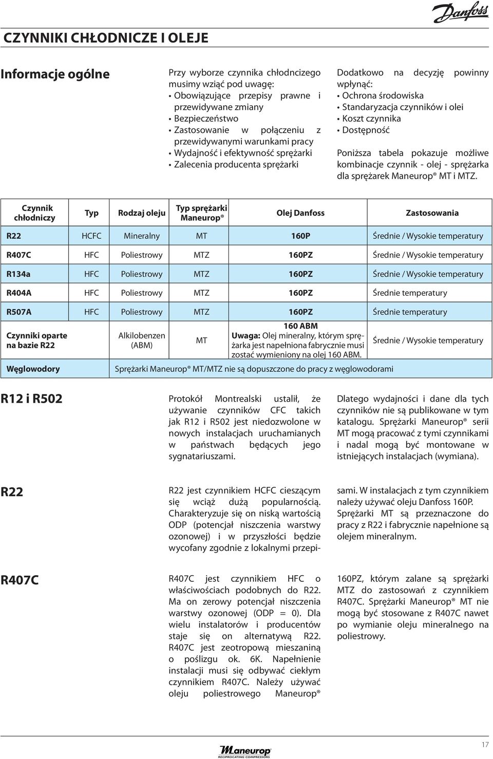 Dostępność Poniższa tabela pokazuje możliwe kombinacje czynnik - olej - sprężarka dla sprężarek Maneurop MT i MTZ.