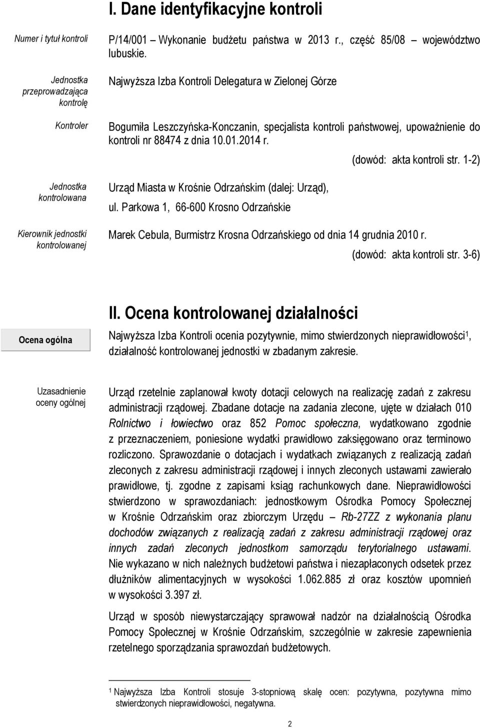 Najwyższa Izba Kontroli Delegatura w Zielonej Górze Bogumiła Leszczyńska-Konczanin, specjalista kontroli państwowej, upoważnienie do kontroli nr 88474 z dnia 10.01.2014 r.