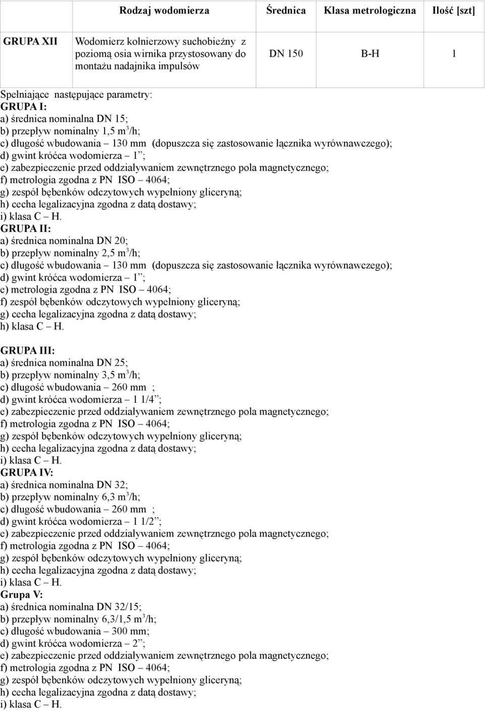 130 mm (dopuszcza się zastosowanie łącznika wyrównawczego); d) gwint króćca wodomierza 1 ; e) metrologia zgodna z PN ISO 4064; f) zespół bębenków odczytowych wypełniony gliceryną; h) klasa C H.