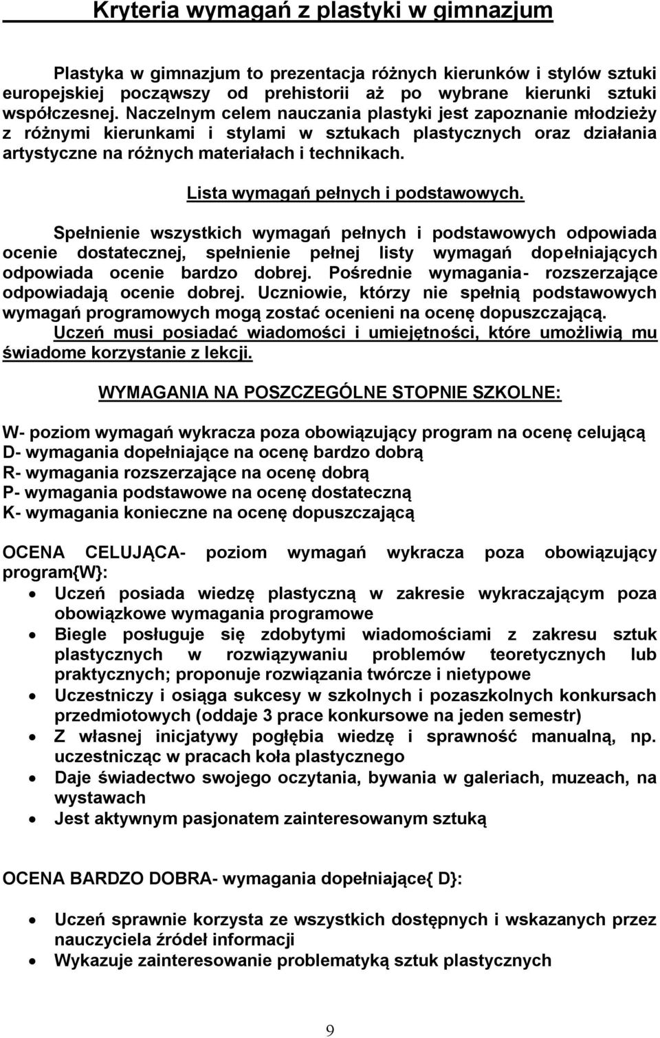 Lista wymagań pełnych i podstawowych. Spełnienie wszystkich wymagań pełnych i podstawowych odpowiada ocenie dostatecznej, spełnienie pełnej listy wymagań dopełniających odpowiada ocenie bardzo dobrej.