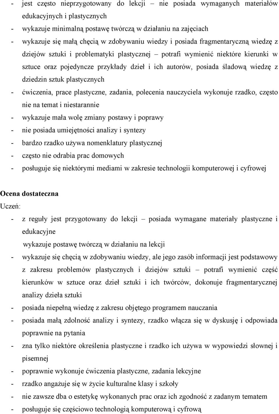 śladową wiedzę z dziedzin sztuk plastycznych - ćwiczenia, prace plastyczne, zadania, polecenia nauczyciela wykonuje rzadko, często nie na temat i niestarannie - wykazuje mała wolę zmiany postawy i