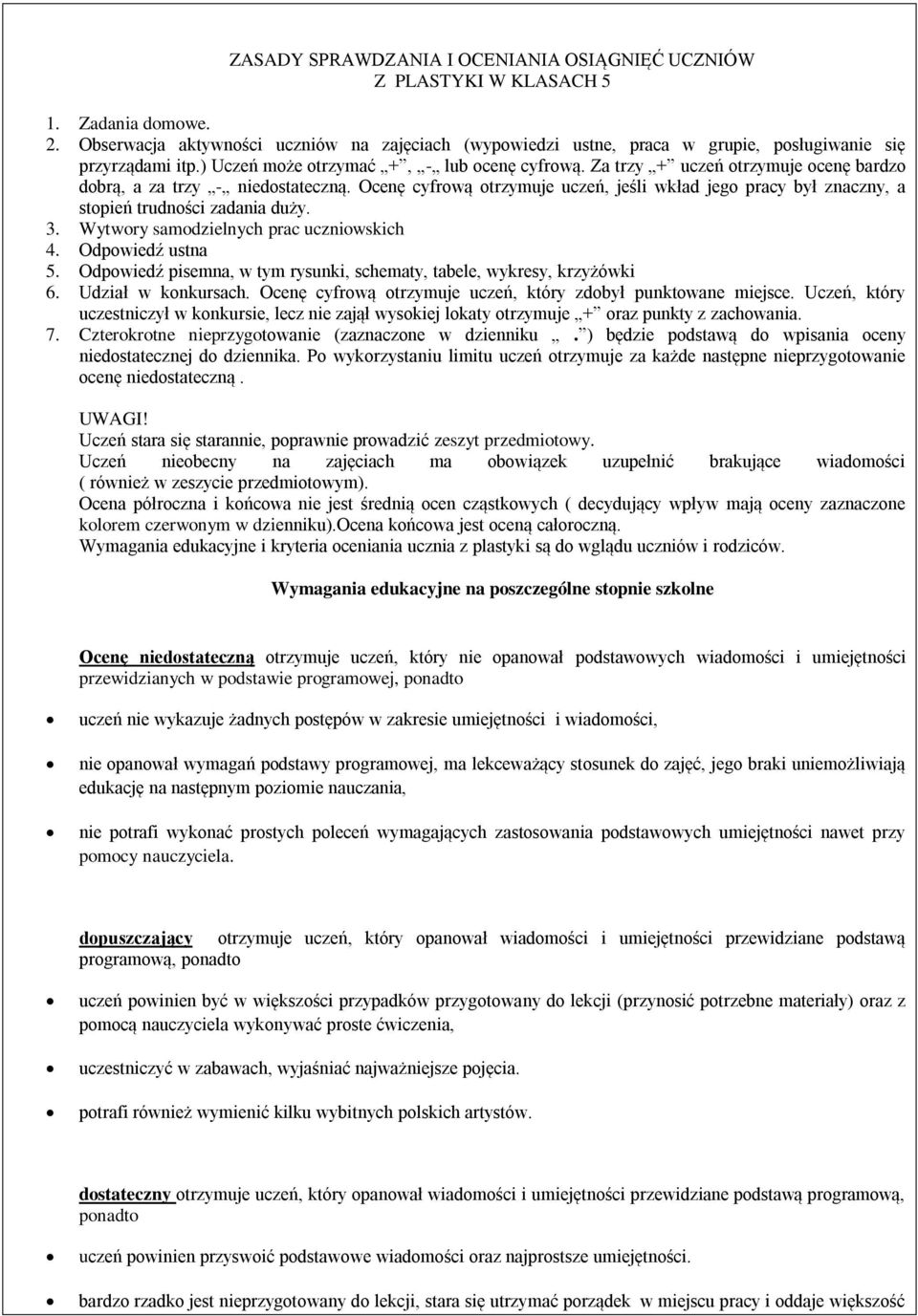 Za trzy + uczeń otrzymuje ocenę bardzo dobrą, a za trzy - niedostateczną. Ocenę cyfrową otrzymuje uczeń, jeśli wkład jego pracy był znaczny, a stopień trudności zadania duży. 3.