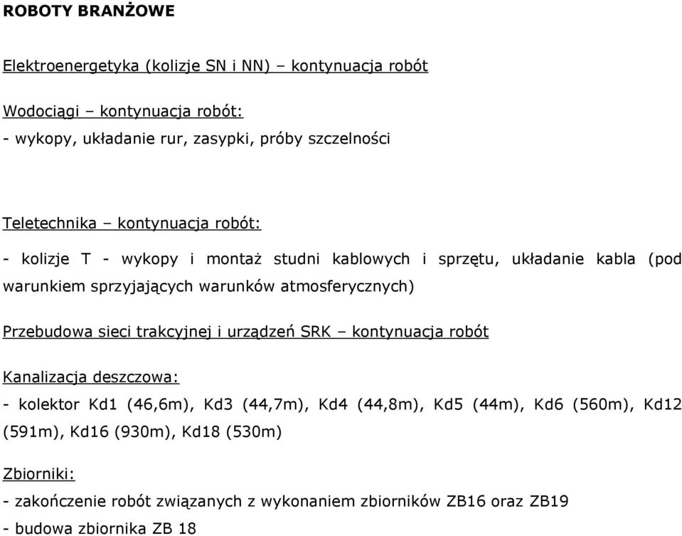 atmosferycznych) Przebudowa sieci trakcyjnej i urządzeń SRK kontynuacja robót Kanalizacja deszczowa: - kolektor Kd1 (46,6m), Kd3 (44,7m), Kd4 (44,8m),