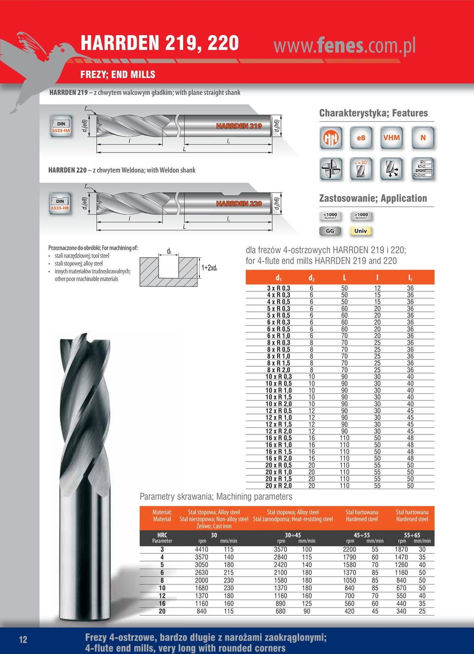 stopowej; alloy steel innych materiałów trudnoskrawalnych; other poor machinable materials dla frezów 4-ostrzowych HARRDEN 219 i 220; for 4-flute end mills HARRDEN 219 and 220 d 1 d 2 L l l 1 3 x R