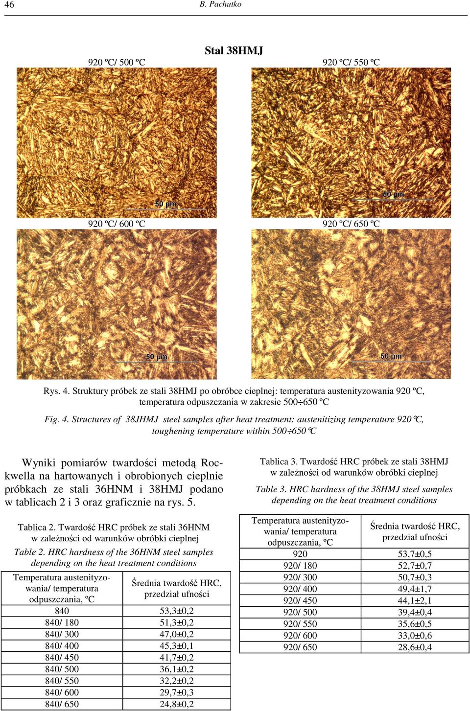 Structures of 38JHMJ steel samples after heat treatment: austenitizing temperature 920 C, toughening temperature within 500 650 C Wyniki pomiarów twardości metodą Rockwella na hartowanych i