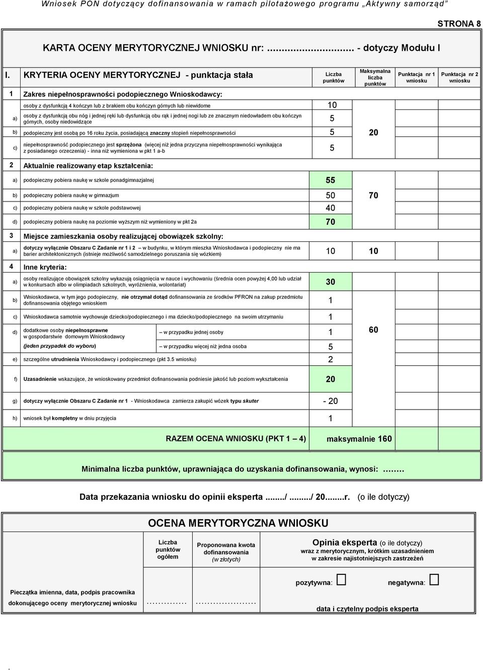 osoby niedowidzące 5 Maksymalna liczba punktów b) podopieczny jest osobą po 16 roku życia, posiadającą znaczny stopień niepełnosprawności 5 20 Punktacja nr 1 wniosku Punktacja nr 2 wniosku c)