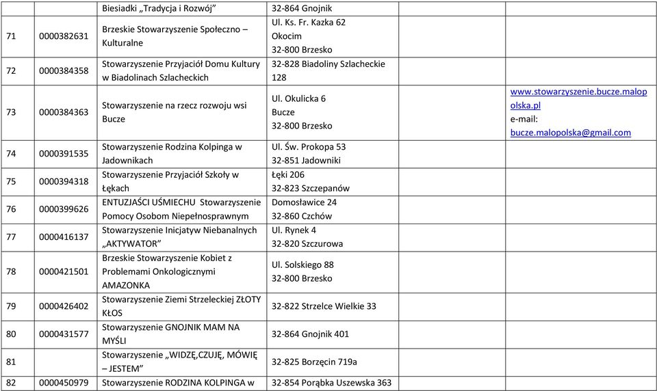 Przyjaciół Szkoły w Łękach ENTUZJAŚCI UŚMIECHU Stowarzyszenie Pomocy Osobom Niepełnosprawnym Stowarzyszenie Inicjatyw Niebanalnych AKTYWATOR Brzeskie Stowarzyszenie Kobiet z Problemami Onkologicznymi