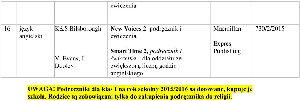 zwiększoną liczbą godzin j. angielskiego Macmillan Expres Publishing 730/2/2015 UWAGA!