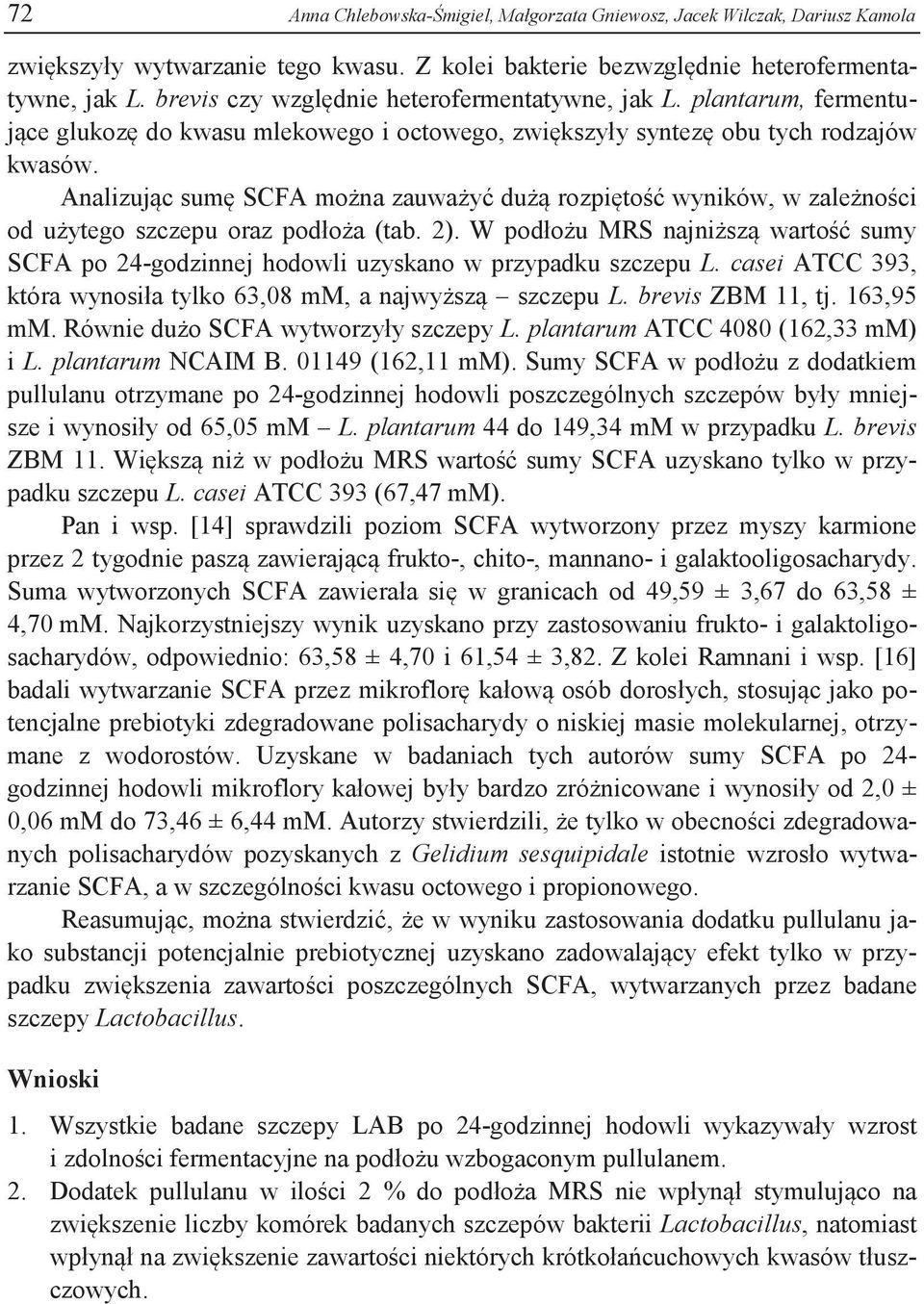 Analizując sumę SCFA można zauważyć dużą rozpiętość wyników, w zależności od użytego szczepu oraz podłoża (tab. 2).