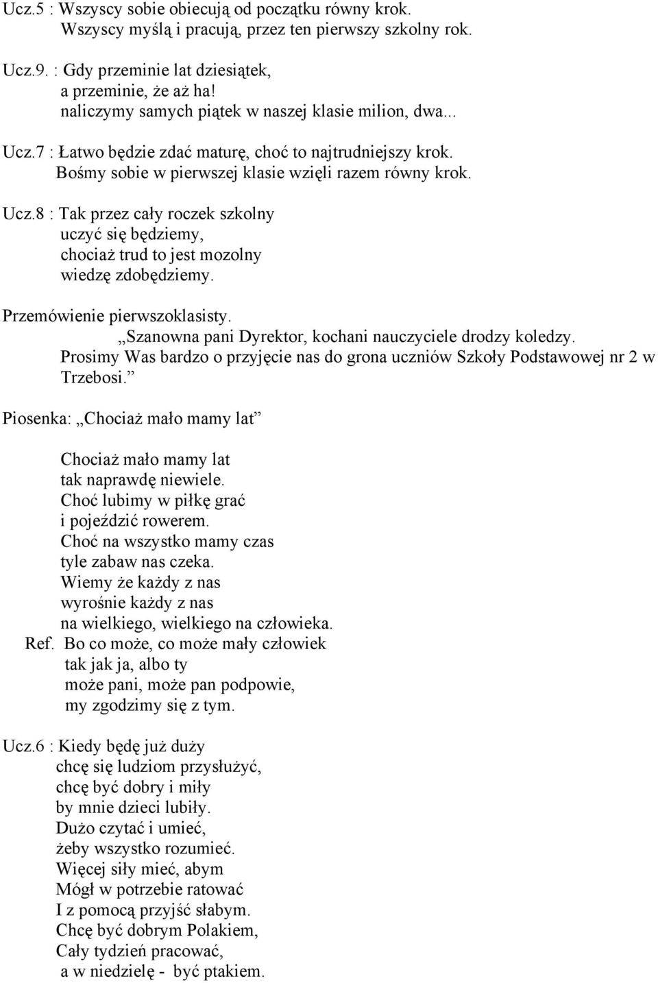 Przemówienie pierwszoklasisty. Szanowna pani Dyrektor, kochani nauczyciele drodzy koledzy. Prosimy Was bardzo o przyjęcie nas do grona uczniów Szkoły Podstawowej nr 2 w Trzebosi.