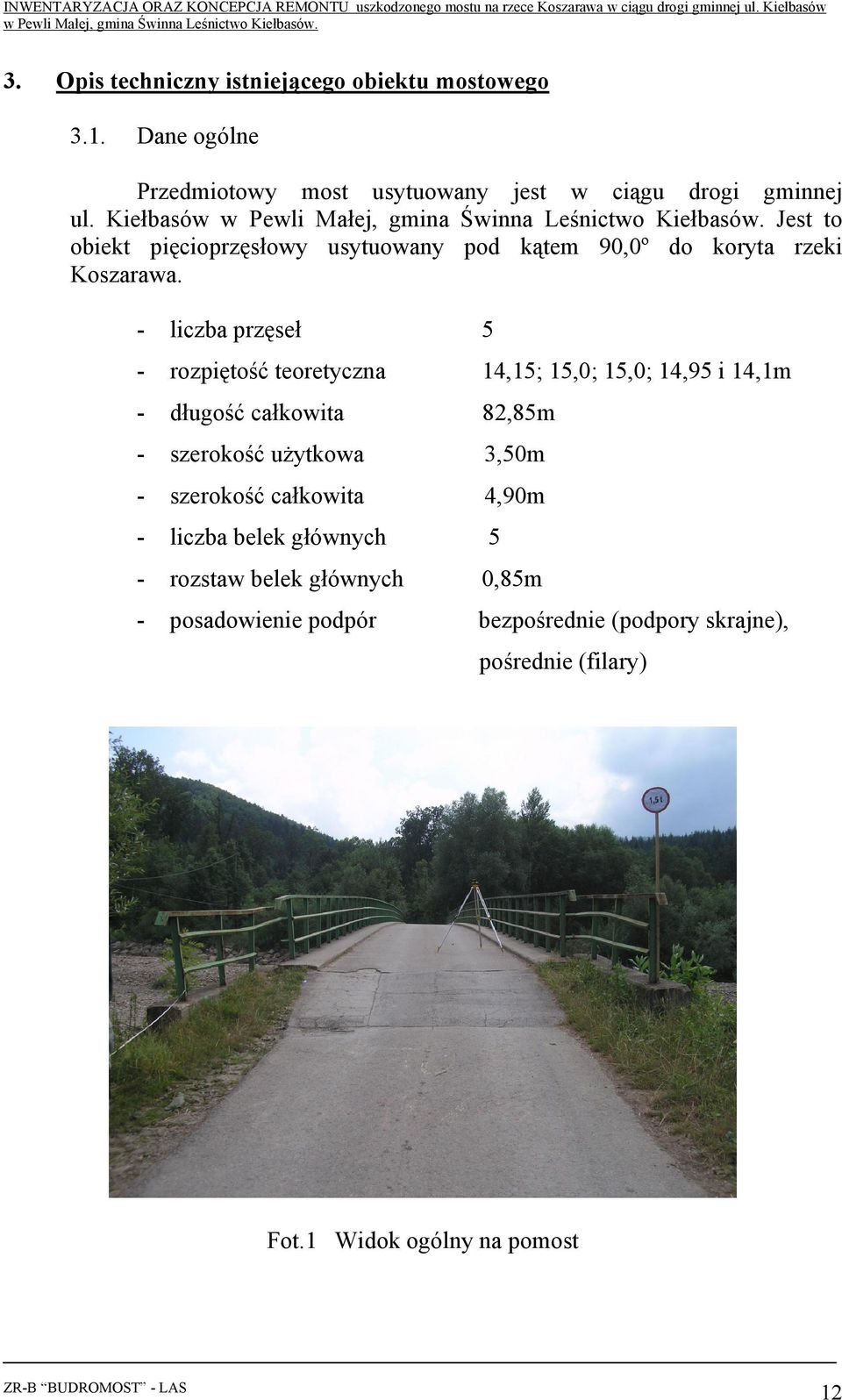 - liczba przęseł 5 - rozpiętość teoretyczna 14,15; 15,0; 15,0; 14,95 i 14,1m - długość całkowita 82,85m - szerokość uŝytkowa 3,50m -