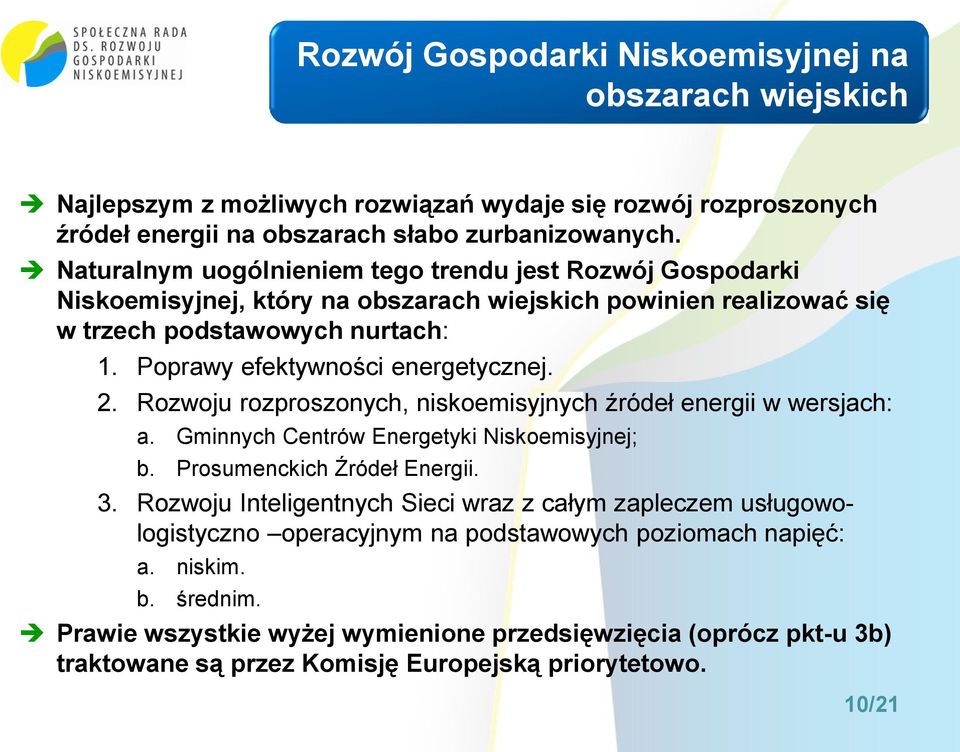 2. Rozwoju rozproszonych, niskoemisyjnych źródeł energii w wersjach: a. Gminnych Centrów Energetyki Niskoemisyjnej; b. Prosumenckich Źródeł Energii. 3.