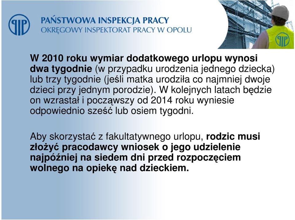 W kolejnych latach będzie on wzrastał i począwszy od 2014 roku wyniesie odpowiednio sześć lub osiem tygodni.