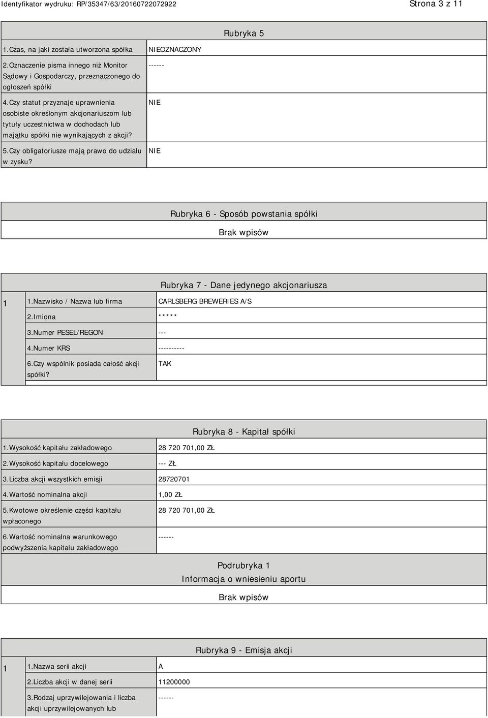 NIEOZNACZONY ------ NIE NIE Rubryka 6 - Sposób powstania spółki Rubryka 7 - Dane jedynego akcjonariusza 1 1.Nazwisko / Nazwa lub firma CARLSBERG BREWERIES A/S ***** 3.Numer PESEL/REGON --- 4.