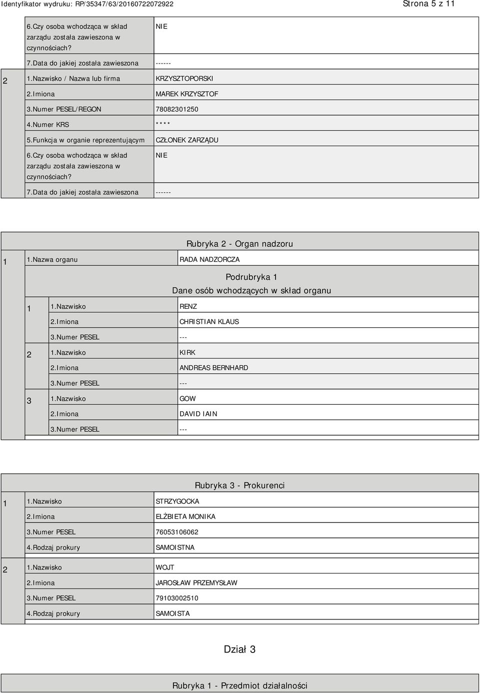 Data do jakiej została zawieszona ------ Rubryka 2 - Organ nadzoru 1 1.Nazwa organu RADA NADZORCZA Dane osób wchodzących w skład organu 1 1.Nazwisko RENZ CHRISTIAN KLAUS 3.Numer PESEL --- 2 1.