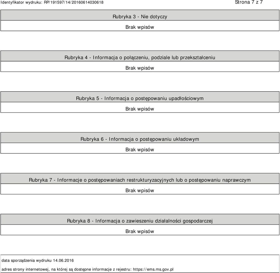 postępowaniach restrukturyzacyjnych lub o postępowaniu naprawczym Rubryka 8 - Informacja o zawieszeniu działalności