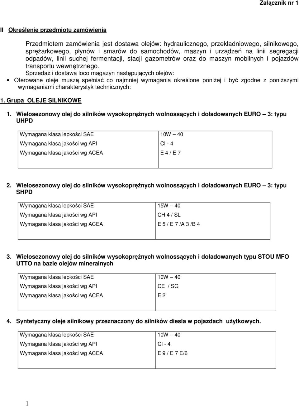 Sprzedaż i dostawa loco magazyn następujących olejów: Oferowane oleje muszą spełniać co najmniej wymagania określone poniżej i być zgodne z poniższymi wymaganiami charakterystyk technicznych: 1.