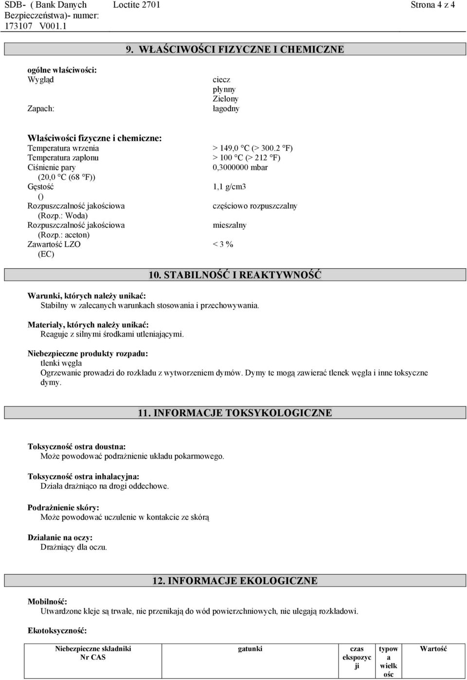 F)) Gęstość () Rozpuszczalność jakościowa (Rozp.: Woda) Rozpuszczalność jakościowa (Rozp.: aceton) Zawartość LZO (EC) > 149,0 C (> 300.