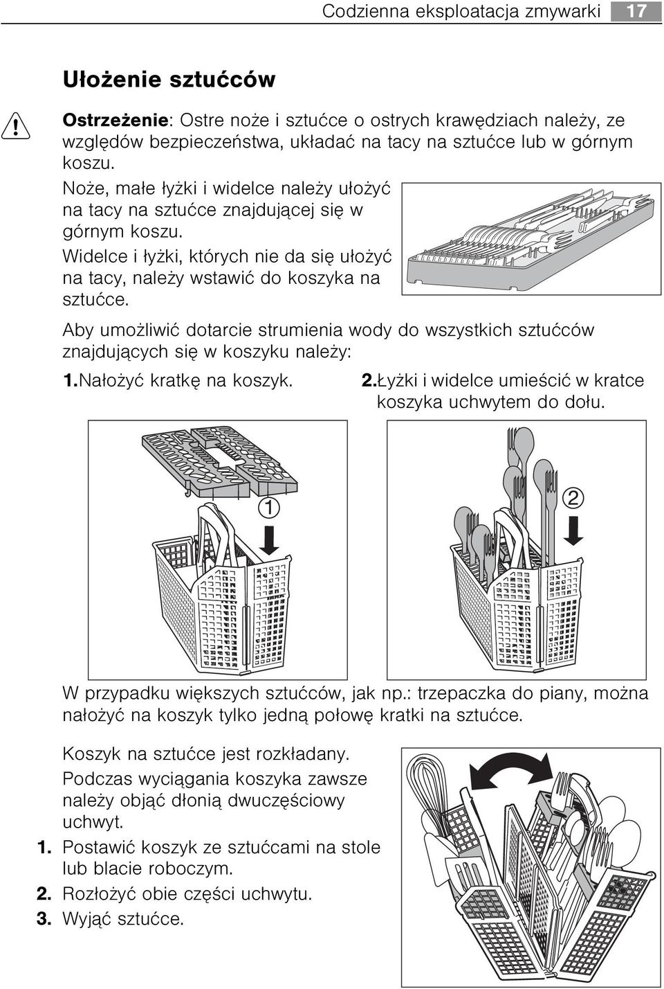 Aby umo liwiæ dotarcie strumienia wody do wszystkich sztuæców znajduj¹cych siê w koszyku nale y: 1.Na³o yæ kratkê na koszyk. 2. y ki i widelce umieœciæ w kratce koszyka uchwytem do do³u.
