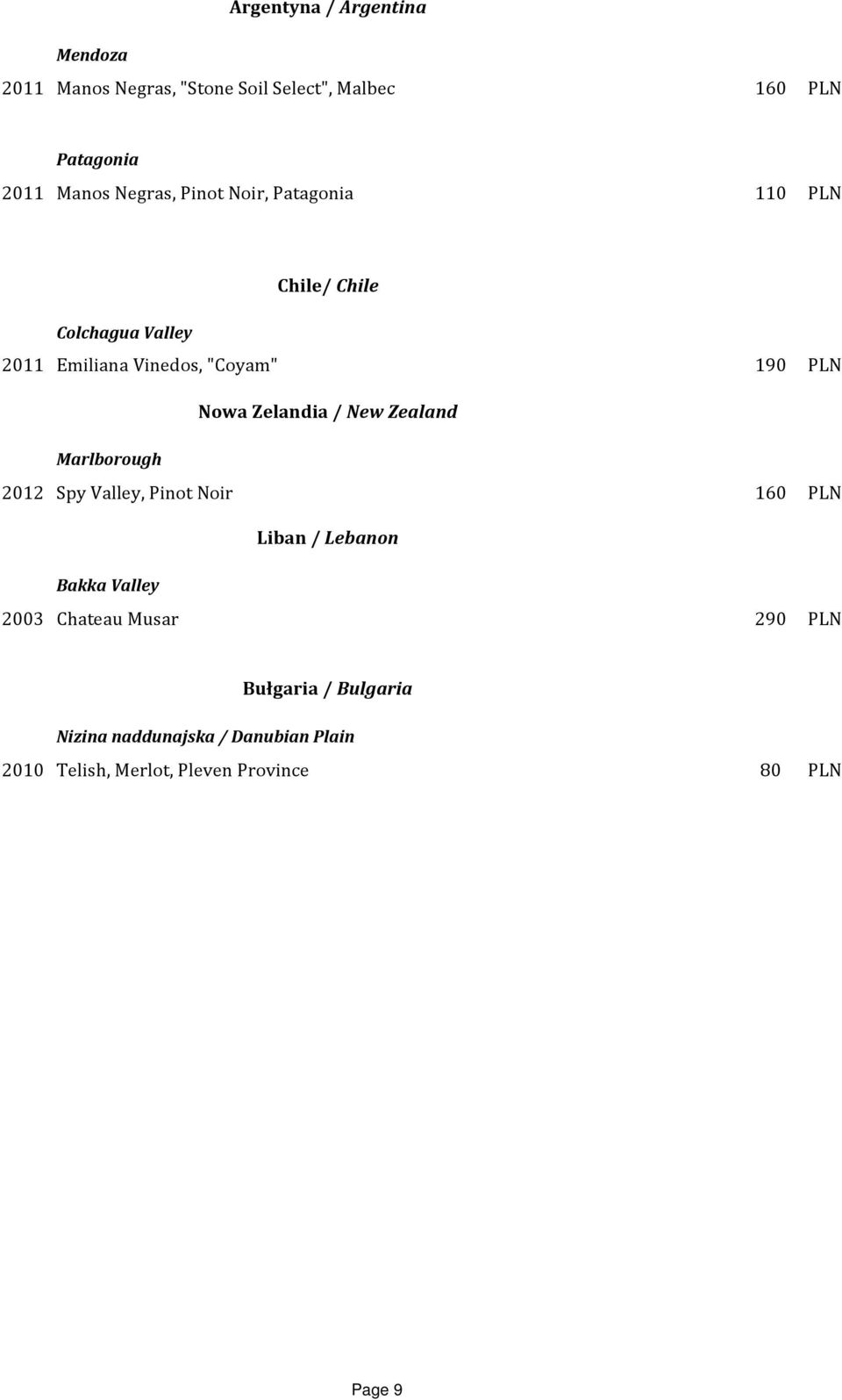 Zelandia / New Zealand Marlborough 2012 Spy Valley, Pinot Noir 160 PLN Liban / Lebanon Bakka Valley 2003 Chateau