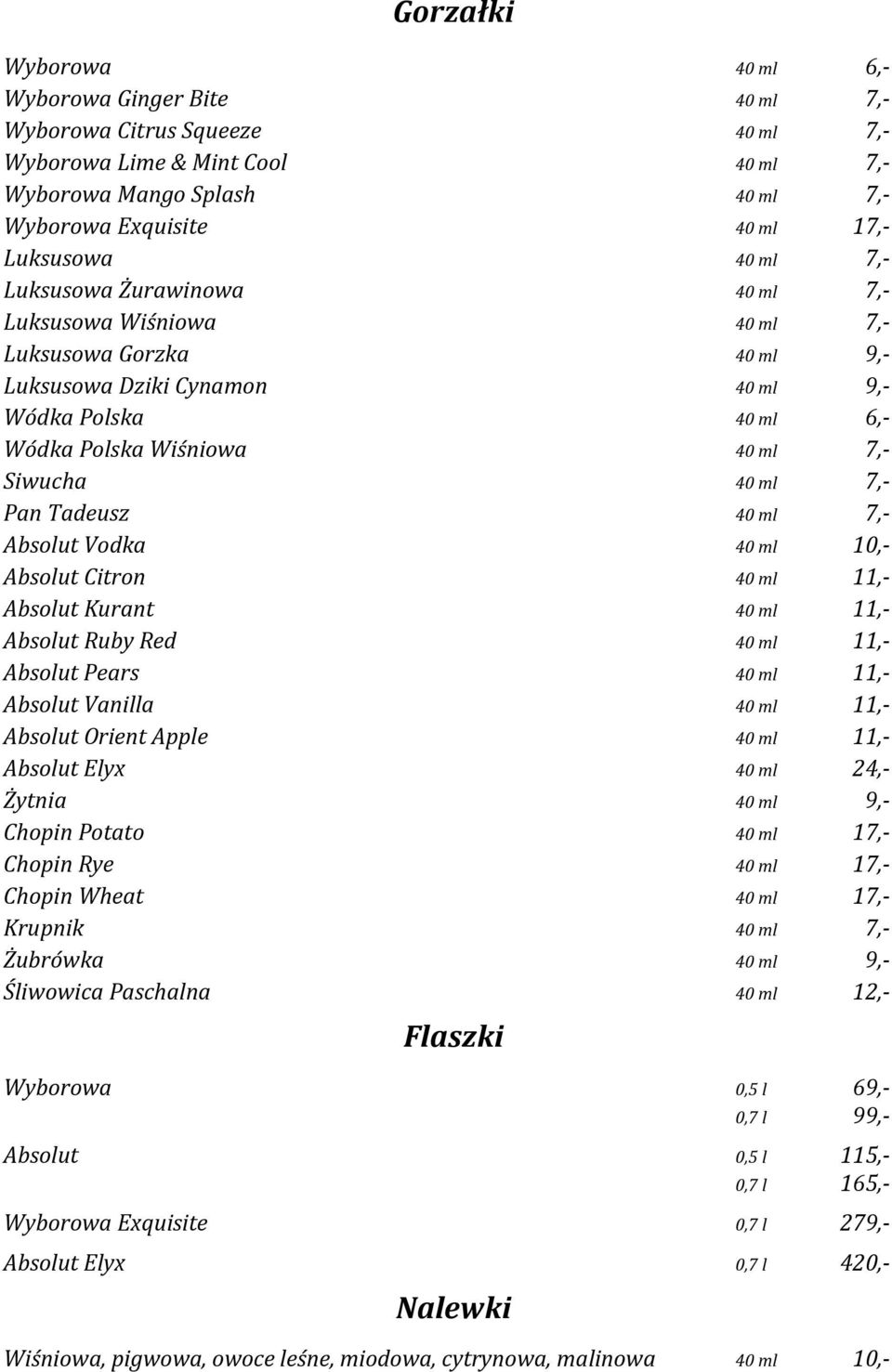 Siwucha 40 ml 7,- Pan Tadeusz 40 ml 7,- Absolut Vodka 40 ml 10,- Absolut Citron 40 ml 11,- Absolut Kurant 40 ml 11,- Absolut Ruby Red 40 ml 11,- Absolut Pears 40 ml 11,- Absolut Vanilla 40 ml 11,-