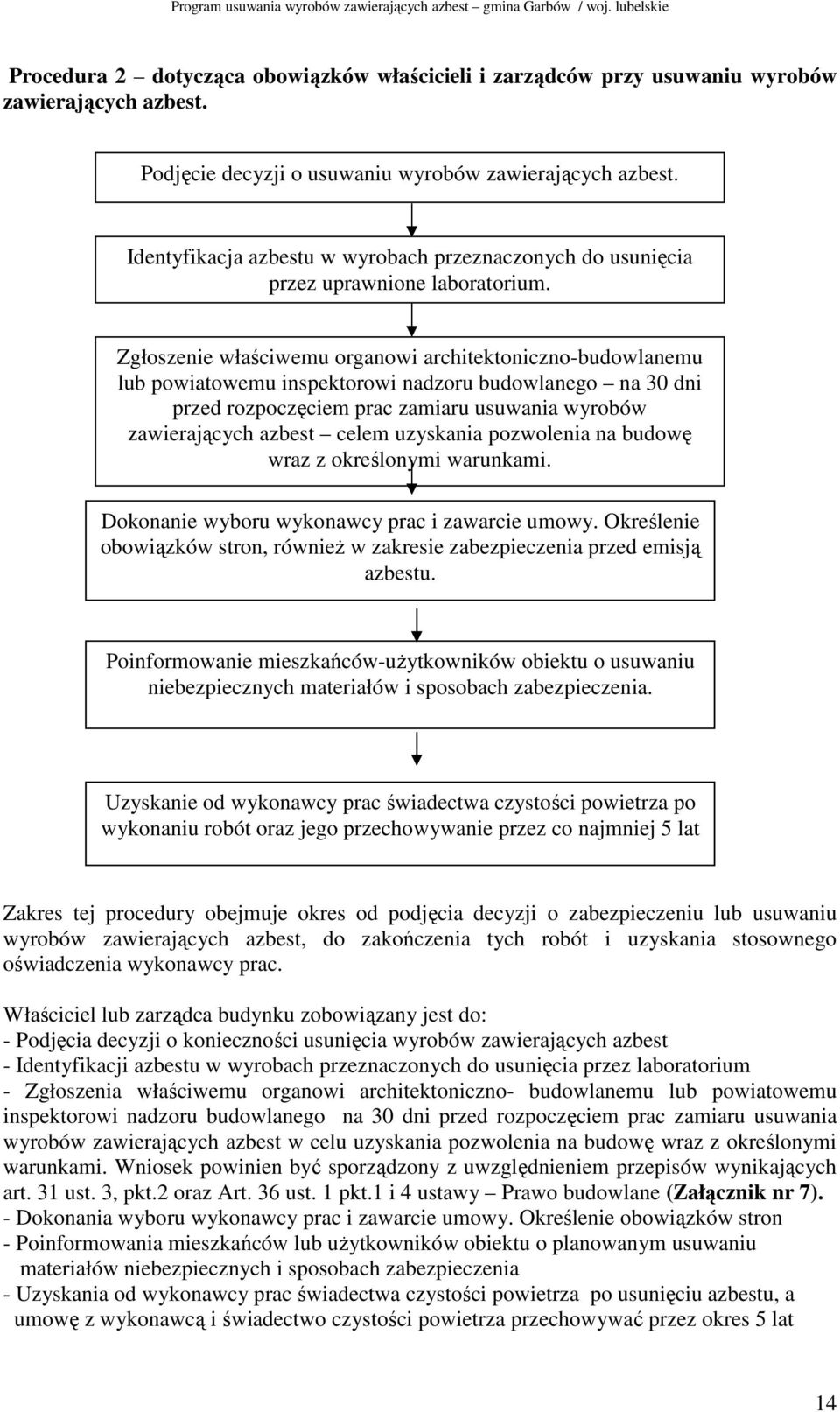 Zgłoszenie właściwemu organowi architektoniczno-budowlanemu lub powiatowemu inspektorowi nadzoru budowlanego na 30 dni przed rozpoczęciem prac zamiaru usuwania wyrobów zawierających azbest celem