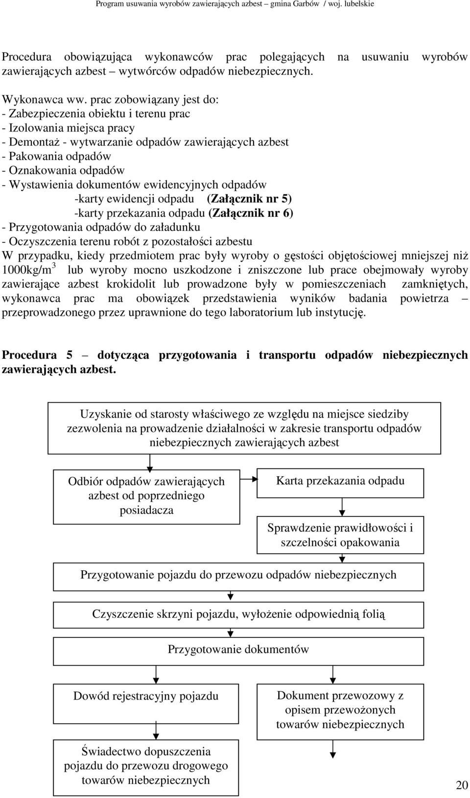 Wystawienia dokumentów ewidencyjnych odpadów -karty ewidencji odpadu (Załącznik nr 5) -karty przekazania odpadu (Załącznik nr 6) - Przygotowania odpadów do załadunku - Oczyszczenia terenu robót z