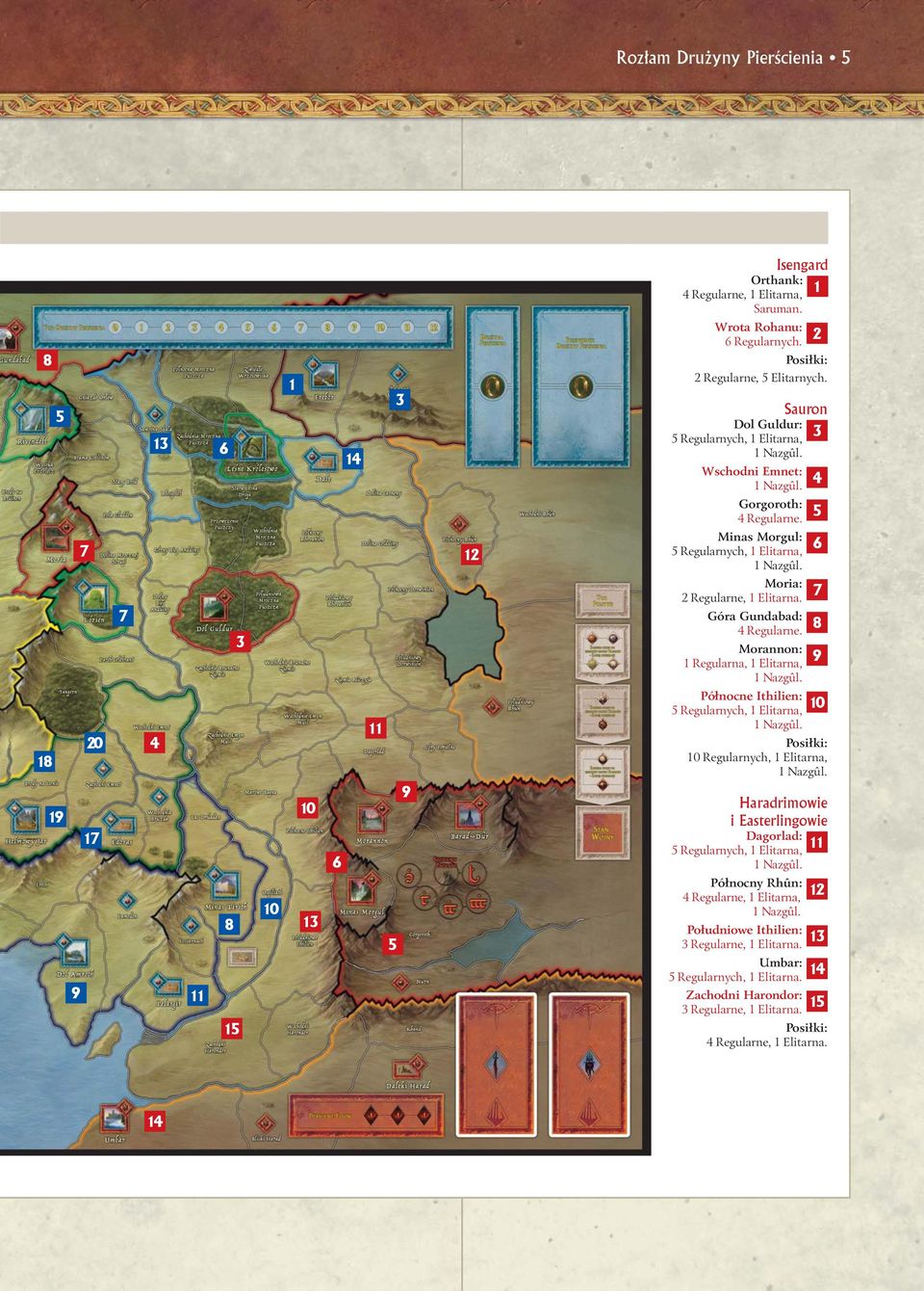 8 Morannon: 1 Regularna, 1 Elitarna, 9 18 19 20 17 4 10 6 11 9 Północne Ithilien: 5 Regularnych, 1 Elitarna, 10 10 Regularnych, 1 Elitarna, Haradrimowie i Easterlingowie Dagorlad: 11 5 Regularnych,