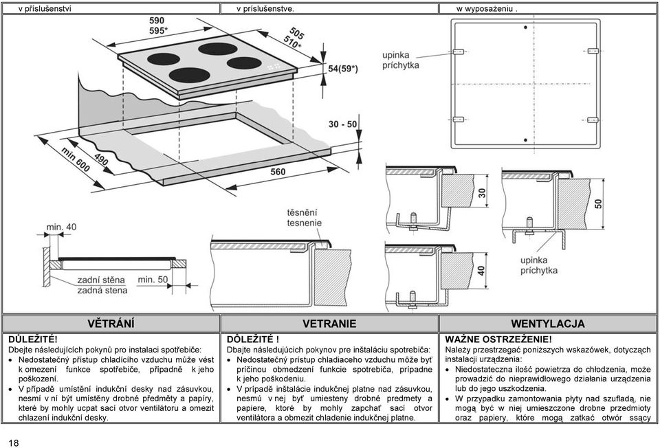 V případě umístění indukční desky nad zásuvkou, nesmí v ní být umístěny drobné předměty a papíry, které by mohly ucpat sací otvor ventilátoru a omezit chlazení indukční desky. DÔLEŽITÉ!