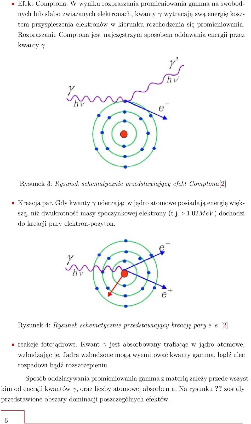Rozpraszanie Comptona jest najczęstrzym sposobem oddawania energii przez kwanty γ Rysunek 3: Rysunek schematycznie przedstawiający efekt Comptona[2] Kreacja par.