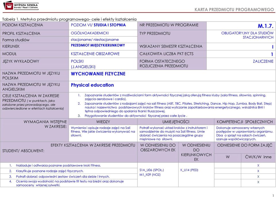 MODUŁ KSZTAŁCENIE OBSZAROWE CAŁKOWITA LICZBA PKT ECTS 1 JĘZYK WYKŁADOWY NAZWA PRZEDMIOTU W JĘZYKU POLSKIM NAZWA PRZEDMIOTU W JĘZYKU ANGIELSKIM CELE KSZTAŁCENIA W ZAKRESIE PRZEDMIOTU ( w punktach,