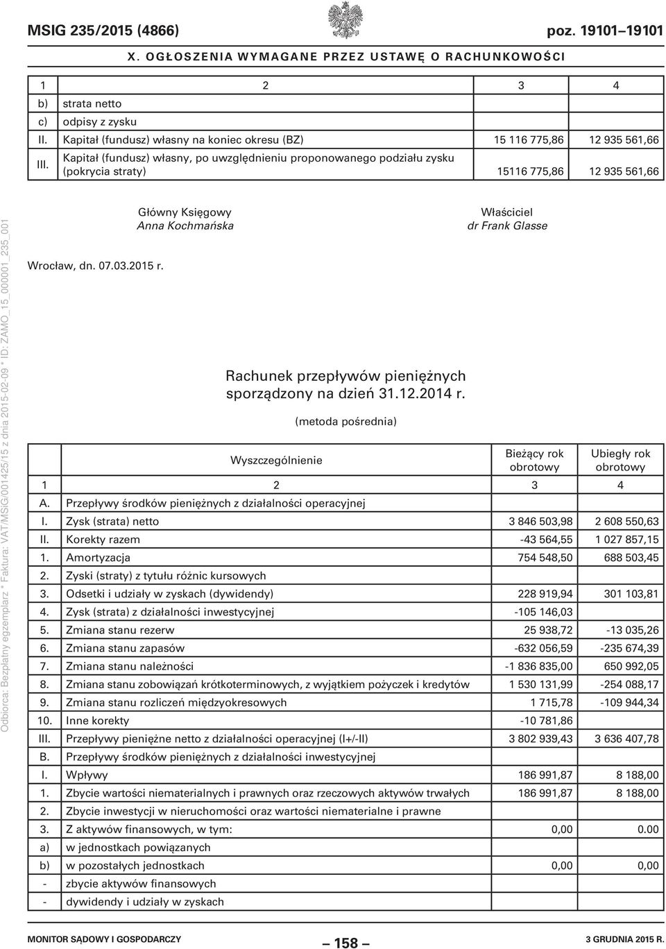 Główny Księgowy Anna Kochmańska Rachunek przepływów pieniężnych sporządzony na dzień 31.12.2014 r. Wyszczególnienie (metoda pośrednia) Bieżący rok obrotowy Ubiegły rok obrotowy 1 2 3 4 A.