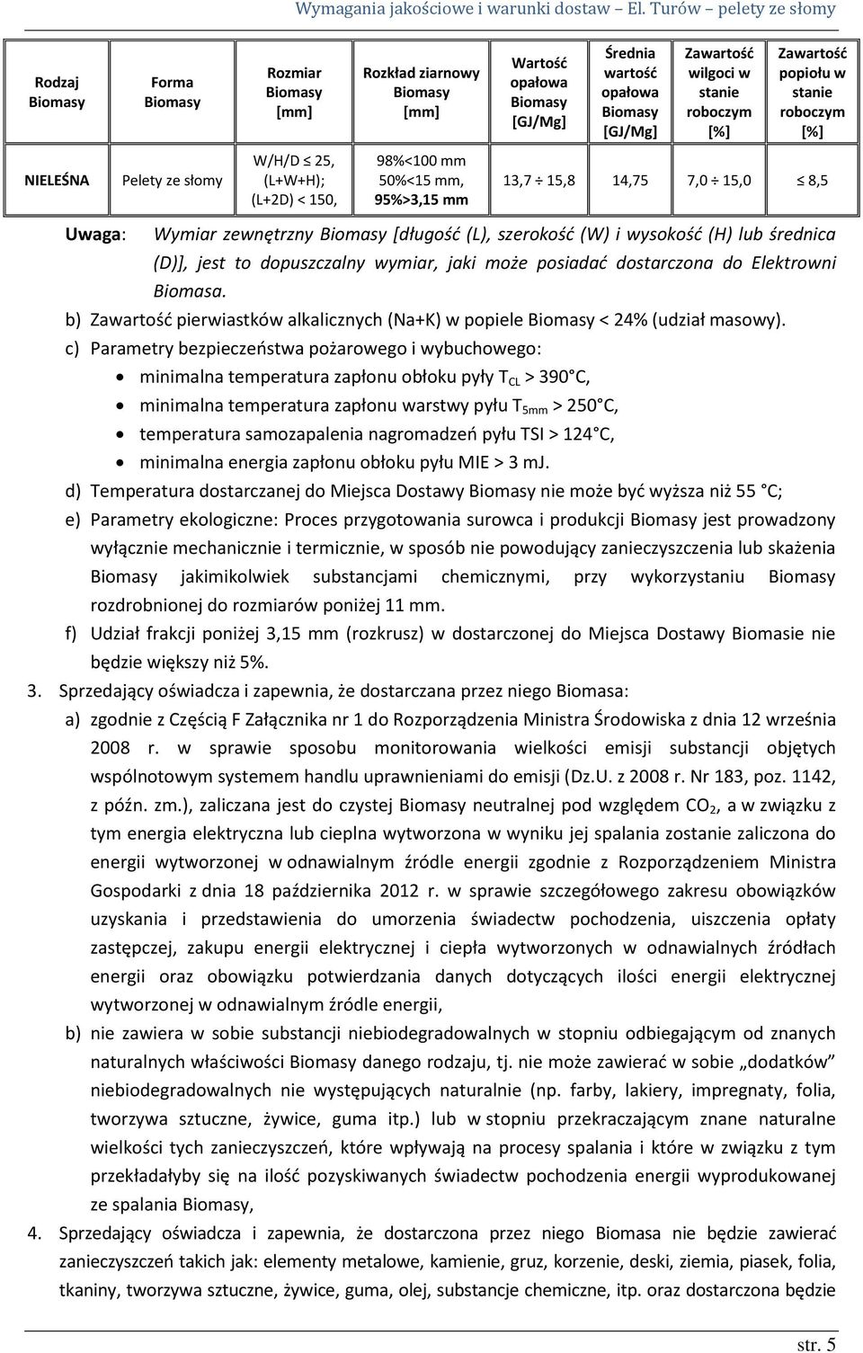 [długość (L), szerokość (W) i wysokość (H) lub średnica (D)], jest to dopuszczalny wymiar, jaki może posiadać dostarczona do Elektrowni Biomasa.