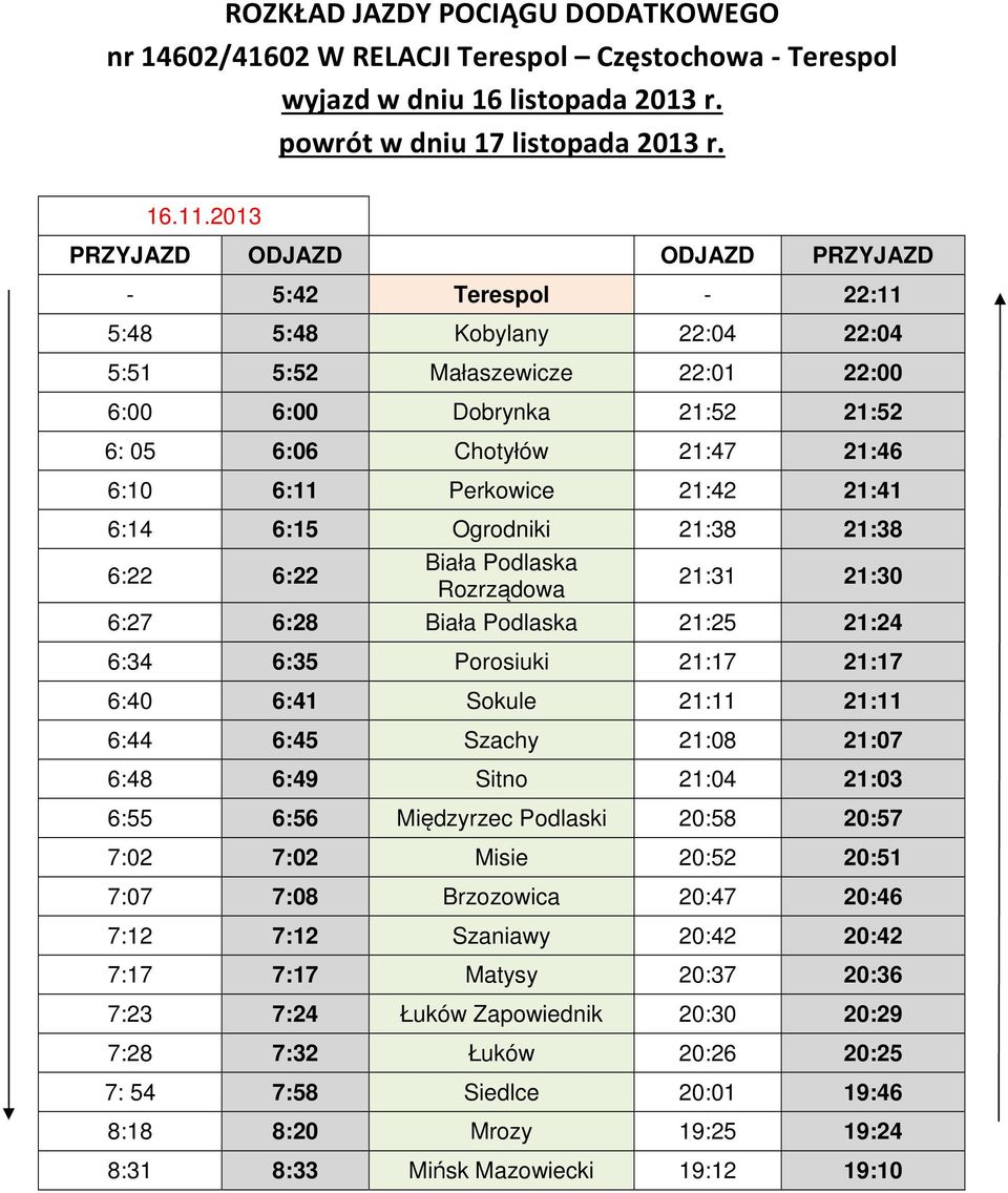 6:41 Sokule 21:11 21:11 6:44 6:45 Szachy 21:08 21:07 6:48 6:49 Sitno 21:04 21:03 6:55 6:56 Międzyrzec Podlaski 20:58 20:57 7:02 7:02 Misie 20:52 20:51 7:07 7:08 Brzozowica 20:47 20:46 7:12 7:12