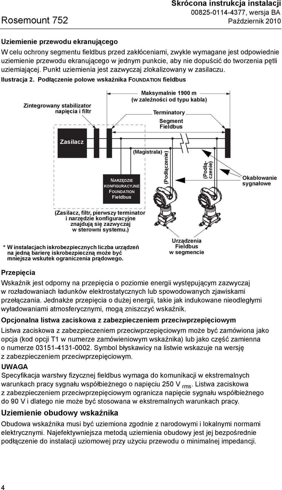 Podłączenie polowe wskaźnika FOUNDATION fieldbus Zintegrowany stabilizator napięcia i filtr Maksymalnie 1900 m (w zależności od typu kabla) Terminatory Segment Fieldbus Zasilacz NARZĘDZIE