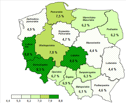 STRUKTURA BEZROBOTNYCH W SZCZEGÓLNEJ SYTUACJI NA RYNKU PRACY W OGÓLNEJ LICZBIE BEZROBOTNYCH WG WOJEWÓDZTW W KOŃCU 215 R. (W %) BEZROBOTNI DO 3 R. Ż.