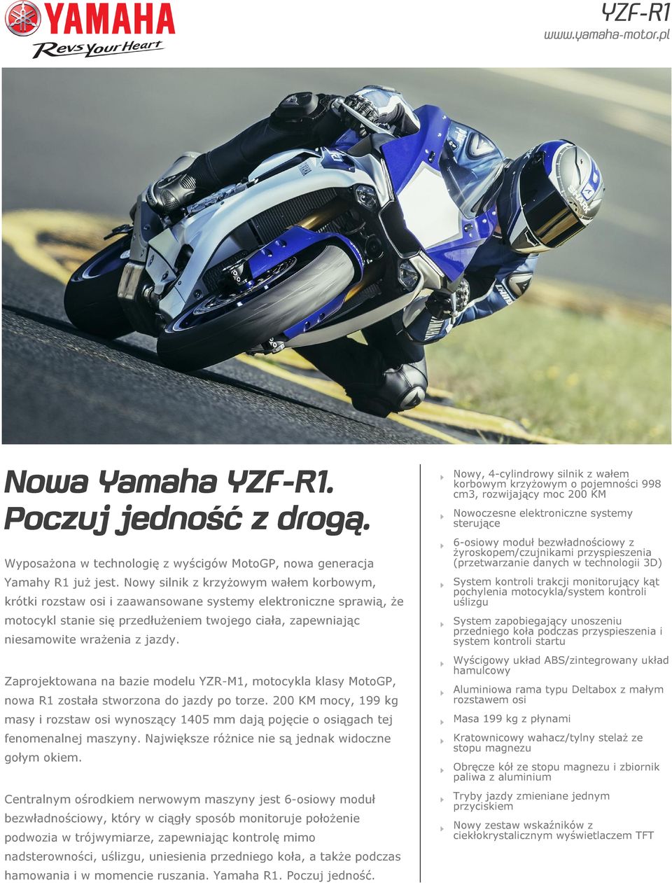 Zaprojektowana na bazie modelu YZR-M1, motocykla klasy MotoGP, nowa R1 została stworzona do jazdy po torze.