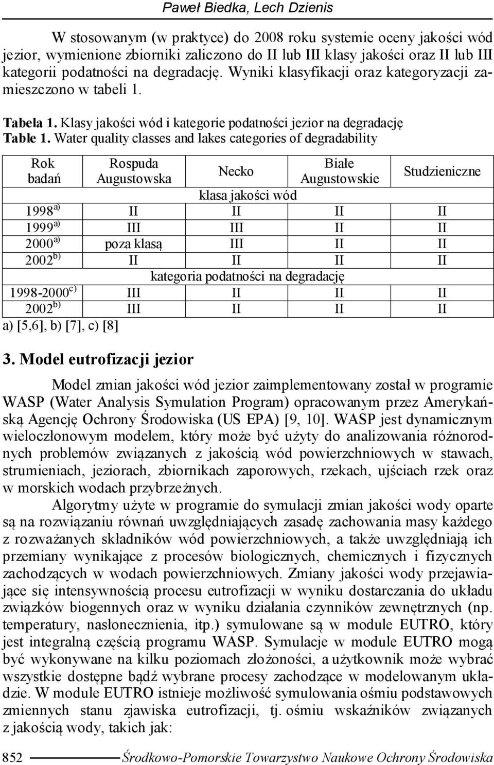 Water quality classes and lakes categories of degradability Rok Rospuda Białe Necko badań Augustowska Augustowskie Studzieniczne klasa jakości wód 199 a) II II II II 1999 a) III III II II 2000 a)