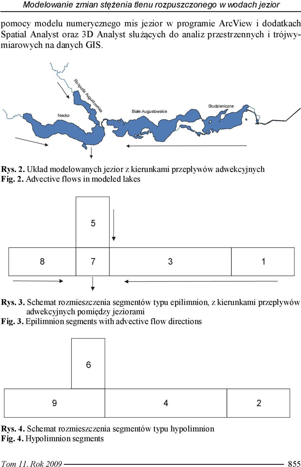Układ modelowanych jezior z kierunkami przepływów adwekcyjnych Fig. 2. Advective flows in modeled lakes 5 7 3 