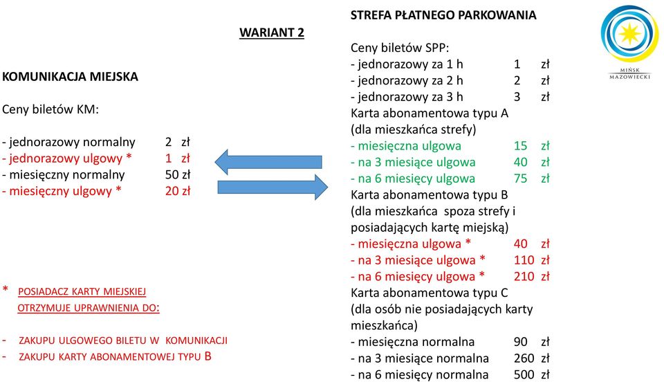 za 3 h 3 zł Karta abonamentowa typu A (dla mieszkańca strefy) - miesięczna ulgowa 15 zł - na 3 miesiące ulgowa 40 zł - na 6 miesięcy ulgowa 75 zł Karta abonamentowa typu B (dla mieszkańca spoza