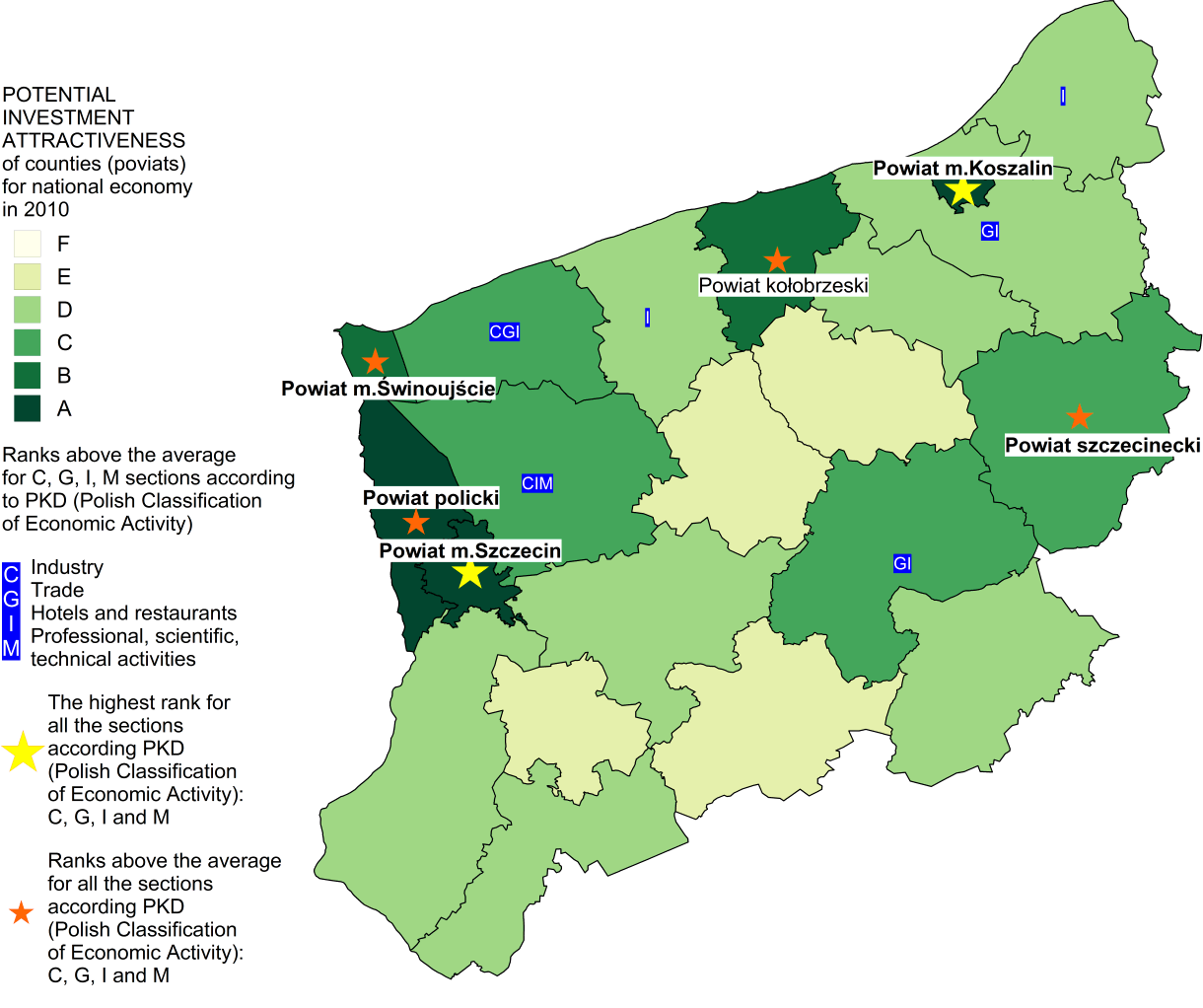 Synthetic evaluation of potential investment attractiveness of poviats of Western Pomeranian voivodship is presented in Exhibit 4.