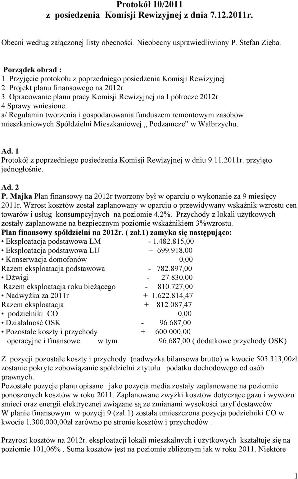 a/ Regulamin tworzenia i gospodarowania funduszem remontowym zasobów mieszkaniowych Spółdzielni Mieszkaniowej Podzamcze w Wałbrzychu. Ad.