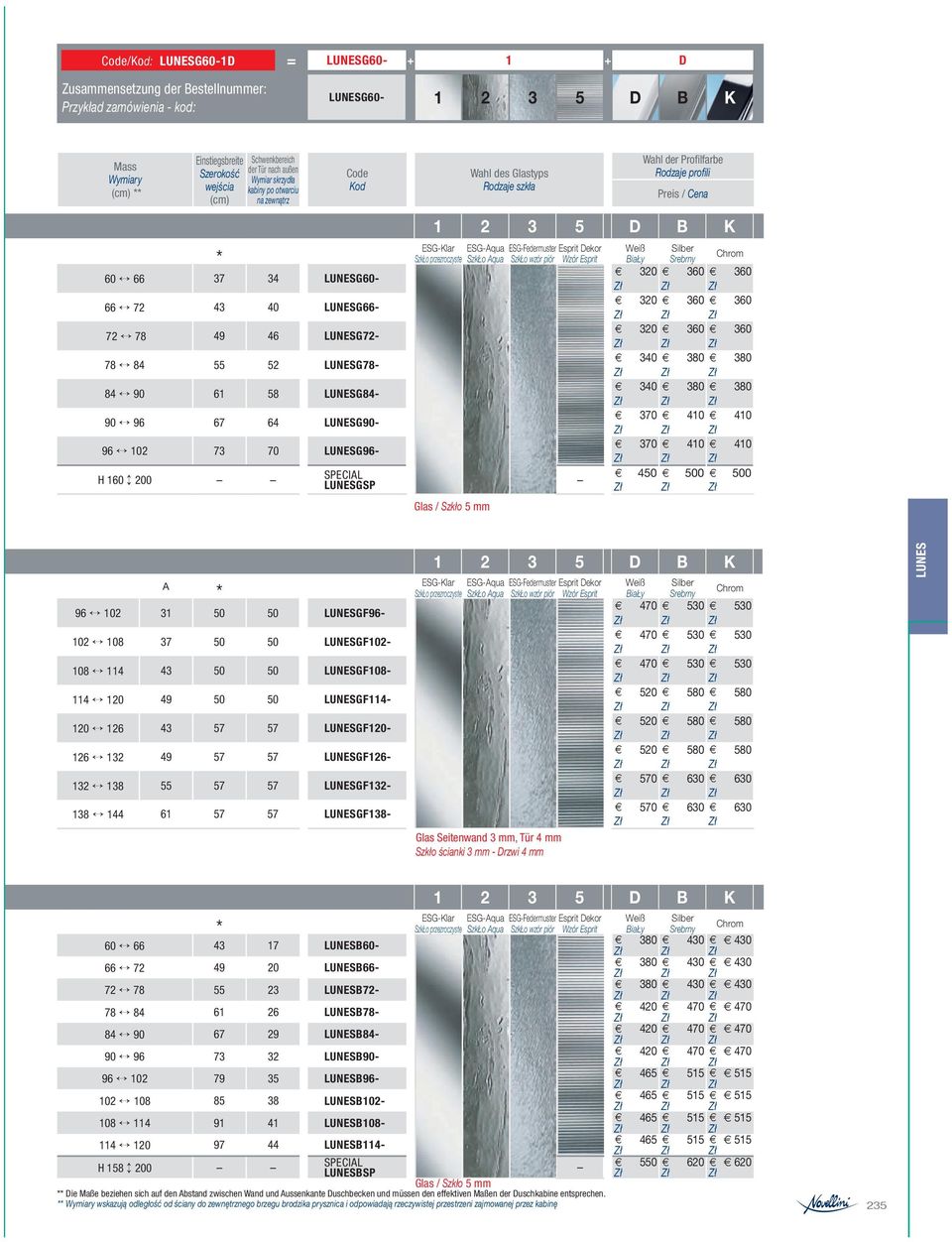 64 LUNESG90-96 102 73 70 LUNESG96- H 160 200 SPECIAL LUNESGSP ESG-Klar ESG-Aqua SzkŁo przezroczyste SzkŁo Aqua Wahl des Glastyps Rodzaje szkła ESG-Federmuster Esprit Dekor SzkŁo wzór piór Wzór Esprit