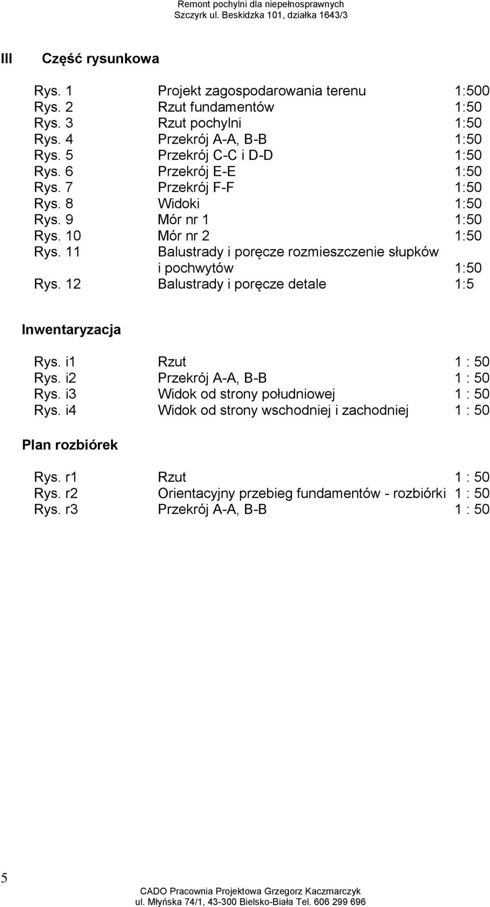 11 Balustrady i poręcze rozmieszczenie słupków i pochwytów 1:50 Rys. 12 Balustrady i poręcze detale 1:5 Inwentaryzacja Rys. i1 Rzut 1 : 50 Rys.