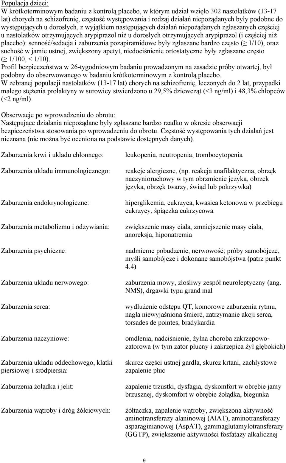 częściej niż placebo): senność/sedacja i zaburzenia pozapiramidowe były zgłaszane bardzo często ( 1/10), oraz suchość w jamie ustnej, zwiększony apetyt, niedociśnienie ortostatyczne były zgłaszane