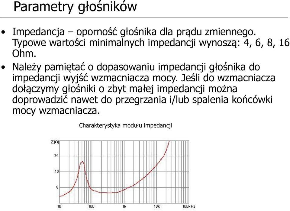 Należy pamiętać o dopasowaniu impedancji głośnika do impedancji wyjść wzmacniacza mocy.