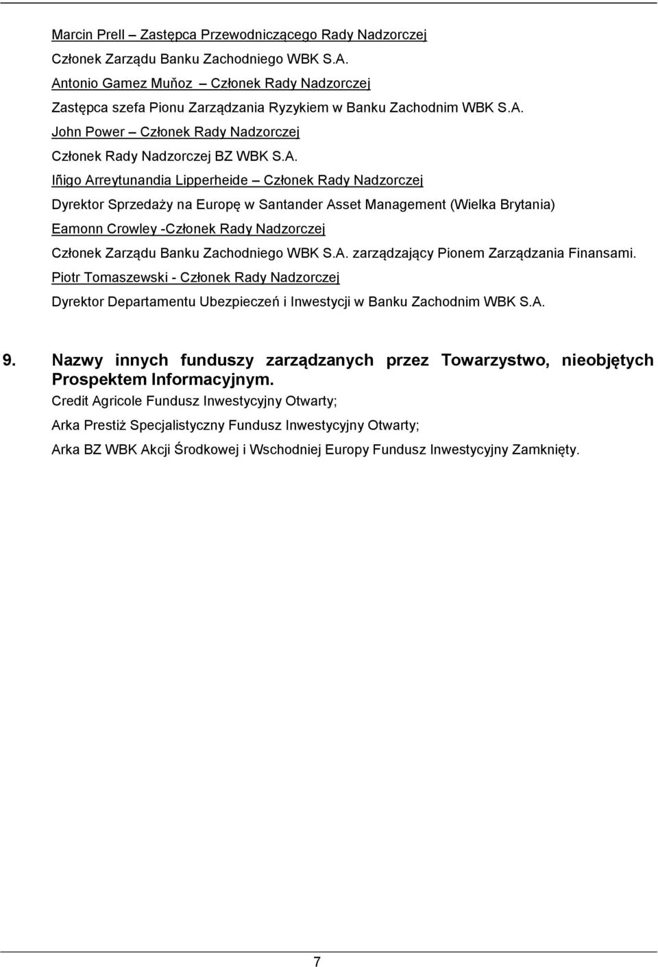 Arreytunandia Lipperheide Członek Rady Nadzorczej Dyrektor Sprzedaży na Europę w Santander Asset Management (Wielka Brytania) Eamonn Crowley -Członek Rady Nadzorczej Członek Zarządu Banku Zachodniego