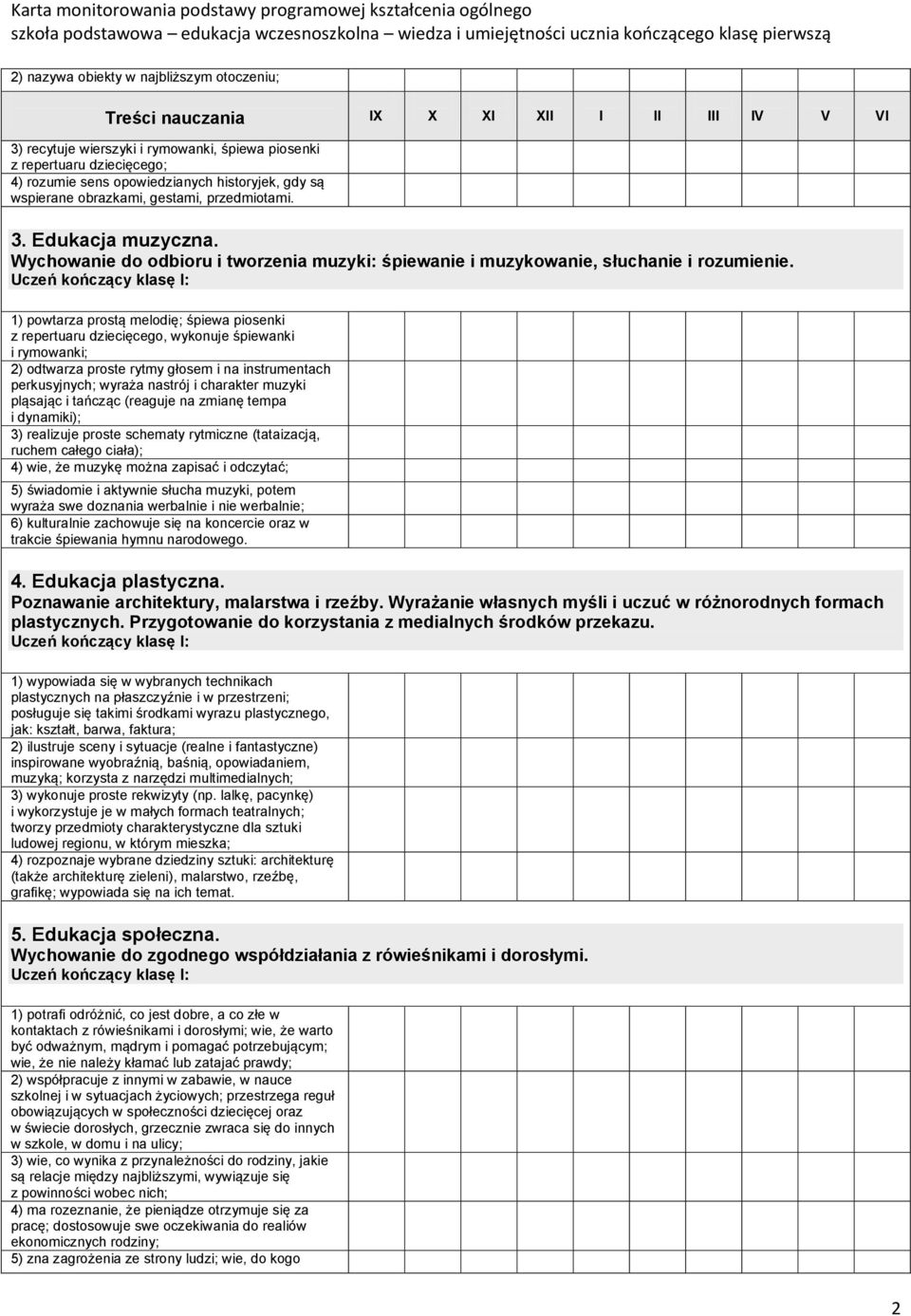 1) powtarza prostą melodię; śpiewa piosenki z repertuaru dziecięcego, wykonuje śpiewanki i rymowanki; 2) odtwarza proste rytmy głosem i na instrumentach perkusyjnych; wyraża nastrój i charakter